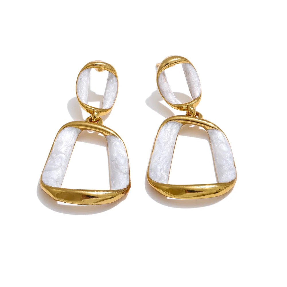 Trendy Stainless Steel White Enamel Rectangle Hollow Drop Earrings 18K Gold Color Plated Versatile Daily Jewelry Gift