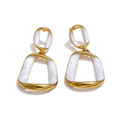 Trendy Stainless Steel White Enamel Rectangle Hollow Drop Earrings 18K Gold Color Plated Versatile Daily Jewelry Gift