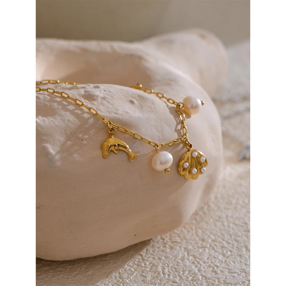 Ocean Style Stainless Steel Shell Conch Dolphin Pearls Drop Charm Anklet Fashion Exquisite Jewelry Bijoux Femme