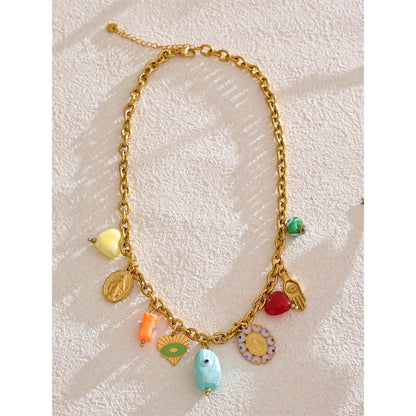 Trendy Stainless Steel Ceramic Eye Heart Charms Pendant Drop Necklace Golden PVD Plated Fashion Collar Charm Jewelry Gift