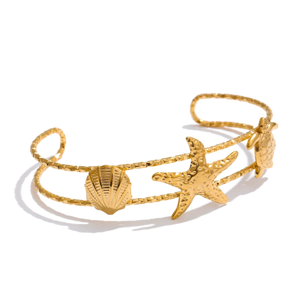 Ocean Series Golden PVD Starfish Shell Sun Cuff Bracelet Open Wrist Jewelry Stainless Steel Bangle for Summer Holiday