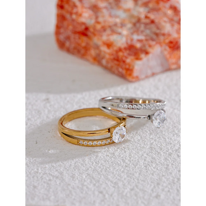 Delicate Shiny Cubic Zirconia Stainless Steel Double Layer Classic Ring High Quality Women Gift Exquisite Romantic Jewelry