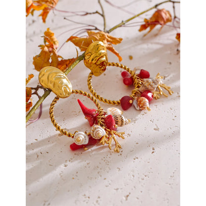 Ocean Holiday Red Stone Shell Conch Drop Dangle Earrings 316L Stainless Steel Summer Beach Golden Jewellery