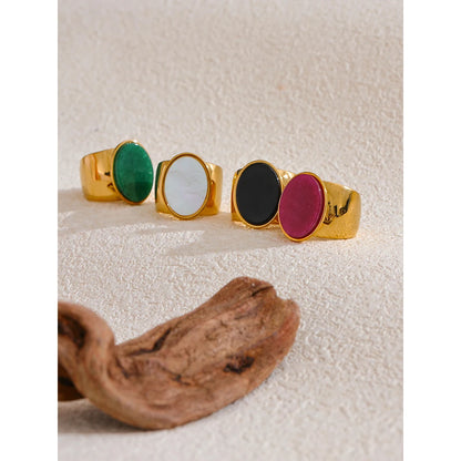 PVD Plated Stone Stainless Steel Gold Color Wide Ring Summer Trendy Fashion Jewelry Accessories Bijoux