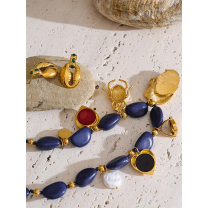 Stylish Unique Blue Acrylic Chain Pearl Heart Insect Drop Necklace Earrings Stainless Steel Charm Handmade Jewelry Gift
