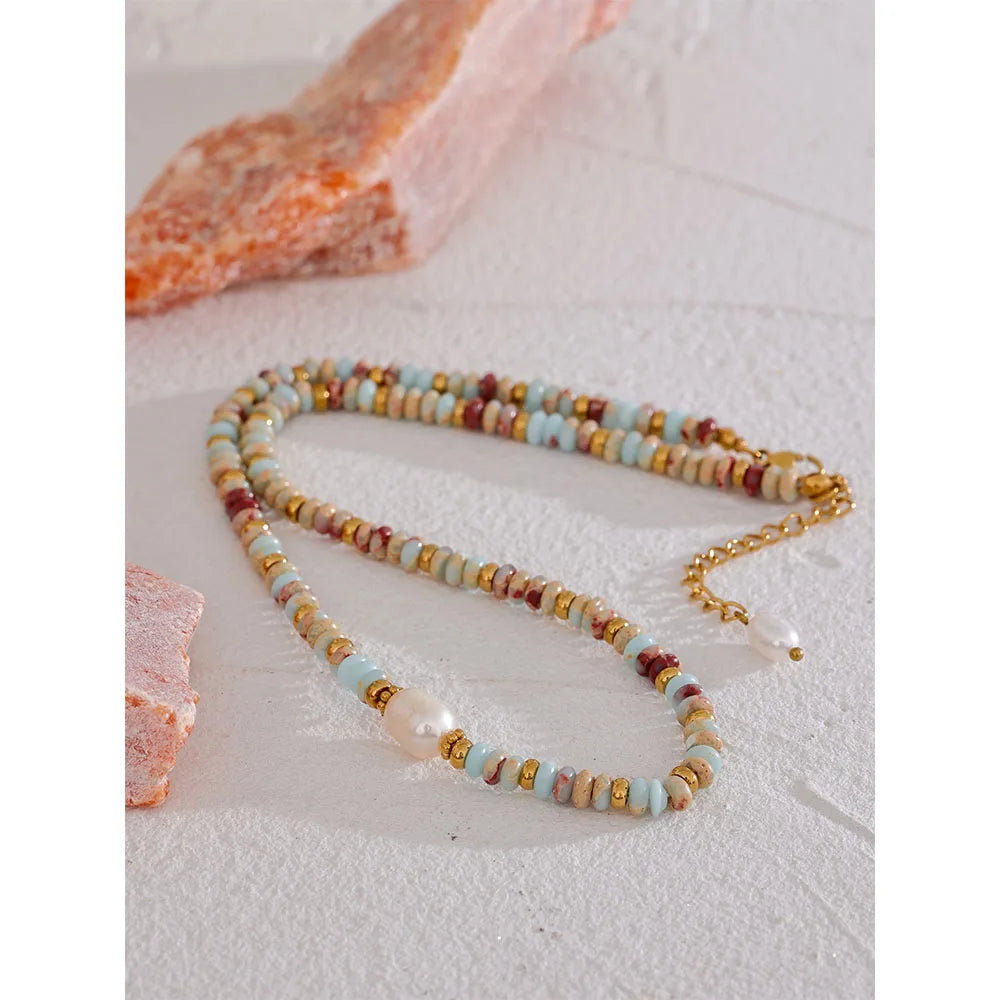 Trendy Natural Stone Freshwater Pearl Collar Chain Necklace Stainless Steel Handmade Stylish Beads Jewelry Bijoux Gift
