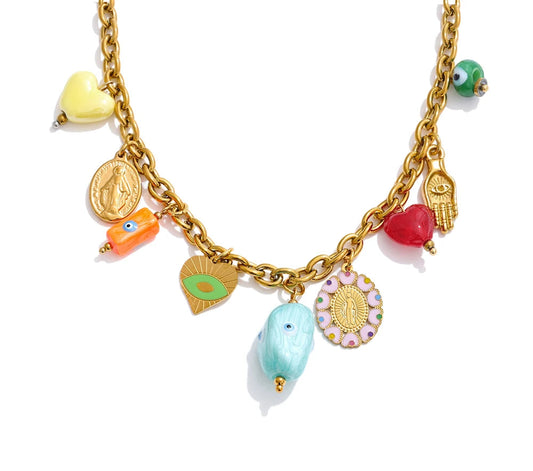 Trendy Stainless Steel Ceramic Eye Heart Charms Pendant Drop Necklace Golden PVD Plated Fashion Collar Charm Jewelry Gift