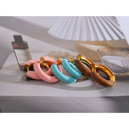20mm Candy Color Blue Pink Brown Enamel Stainless Steel Hollow Hoop Earrings Golden Simple Trendy Y2K Sweet Jewelry Gift