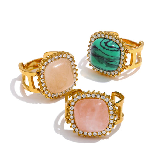 Natural Pink Crystal Stone Malachite Zircon Square Open Ring for Women Stainless Steel High Quality Finger Jewelry Gift