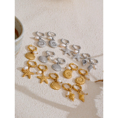 Ocean Style Natural Pearl Conch Shell Starfish Drop Summer Hoop Earrings for Women Stainless Steel Holiday Daily Jewelry