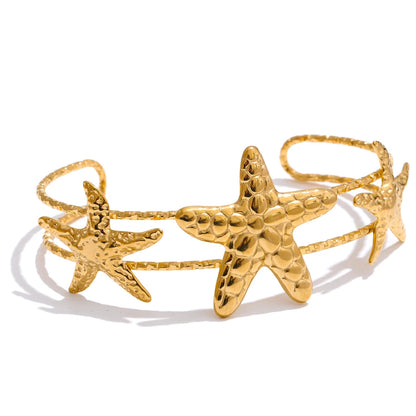 Ocean Series Golden PVD Starfish Shell Sun Cuff Bracelet Open Wrist Jewelry Stainless Steel Bangle for Summer Holiday