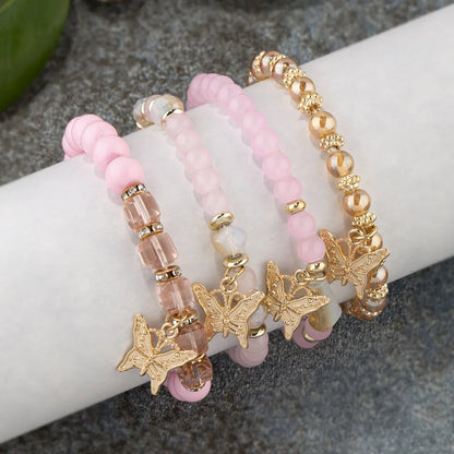 Trendy Butterfly Beaded Bracelet Set For Women Pink Acrylic Beads Elastic Chain Bangle Female Bohemian Party Jewelry Gift