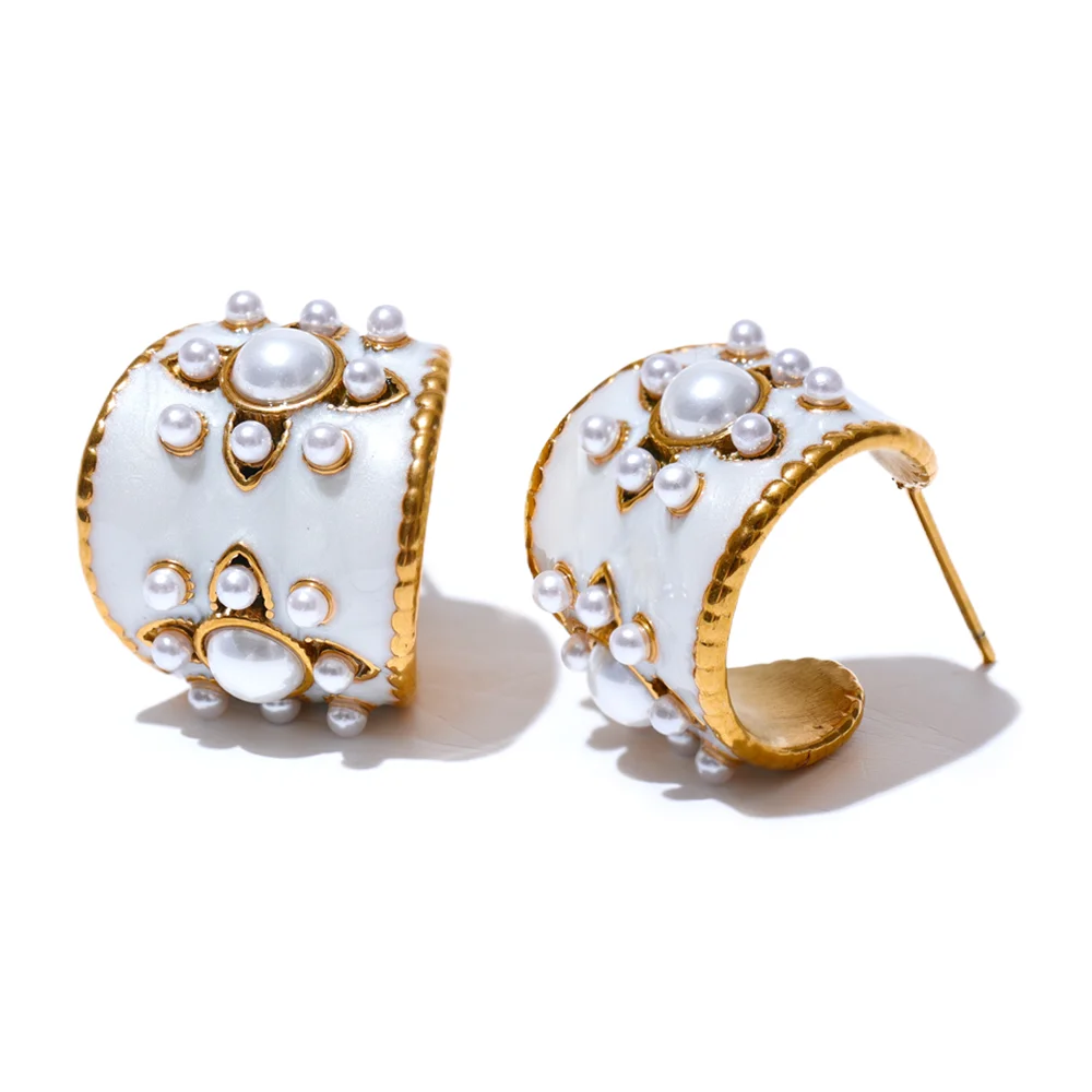 Exquisite Imitation Pearls White Enamel Metal Stainless Steel Flower Geometric Earrings Chic Daily Fashion Jewelry New