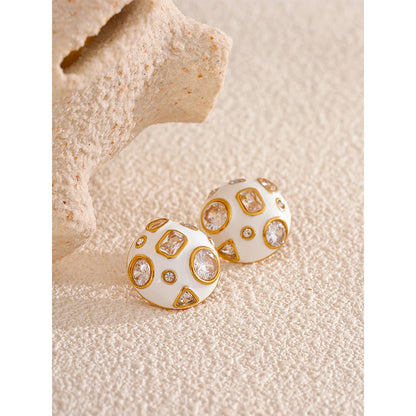 Stainless Steel White Enamel inlaid Cubic Zirconia Charm Stud Earrings for Women Fashion Waterproof Jewelry