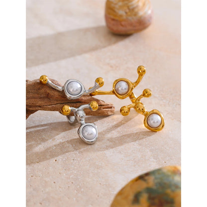 Stylish Unique Design Pearls Geometric Adjustable Ring Personalized Stainless Steel Trending Finger Jewelry 2025