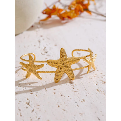 Ocean Series Golden PVD Starfish Shell Sun Cuff Bracelet Open Wrist Jewelry Stainless Steel Bangle for Summer Holiday