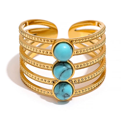 Natural Turquoise Stone Stainless Steel Ring Summer Bohemia Woman Jewelry  Trendy Cheap Open Finger Ring Accessory