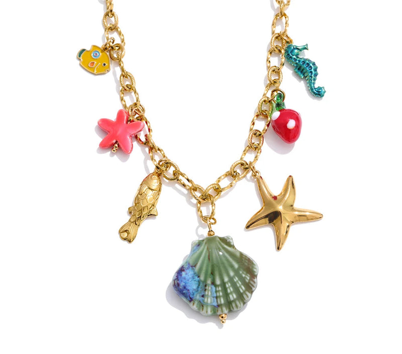 2025 Ocean Style Summer Enamel Ceramic Shell Starfish Pendant Necklace Fashion Trendy Stainless Steel Vacation Jewelry