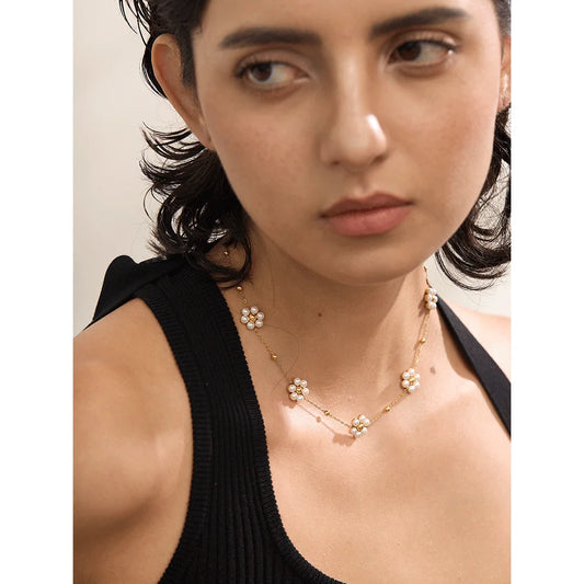 Fashion Imitation Pearls Handmade Flower Beads Chain Necklace Women 18K Gold Color PVD Stainless Steel Jewelry Waterproof