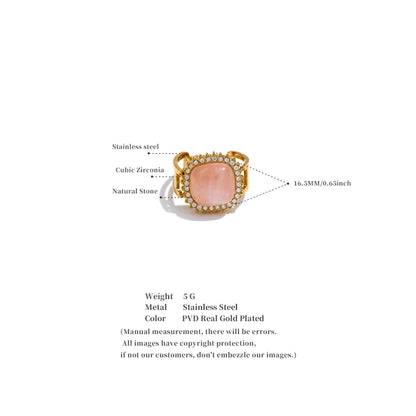 Natural Pink Crystal Stone Malachite Zircon Square Open Ring for Women Stainless Steel High Quality Finger Jewelry Gift