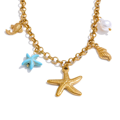 Ocean Style Starfish Shell Pendant Handmade Necklace Bracelet Summer Vacation Stainless Steel Jewelry Waterproof