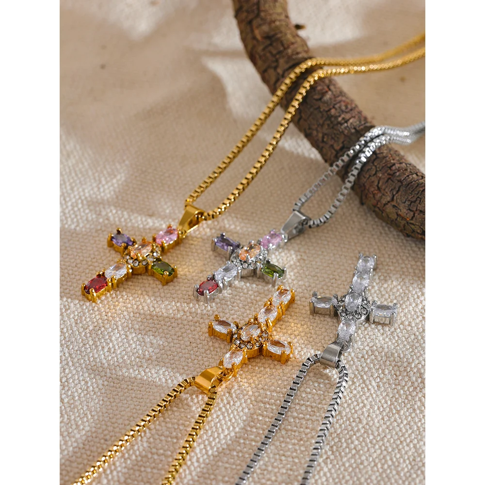 Delicate Colorful Bling Cubic Zirconia Cross Pendant Stainless Steel Luxury Necklace High-Grade Fashion Shiny Jewelry Gift