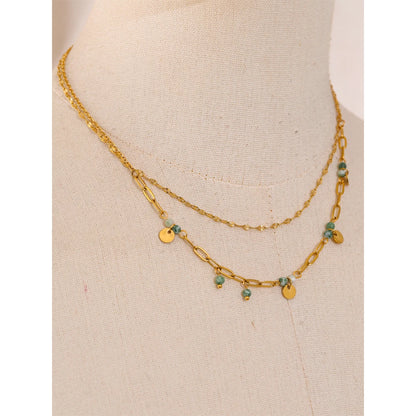 Exquisite Stainless Steel Green Natural Stone Double-Layer Chain Stacking Necklace for Women High Quality Jewelry Gift