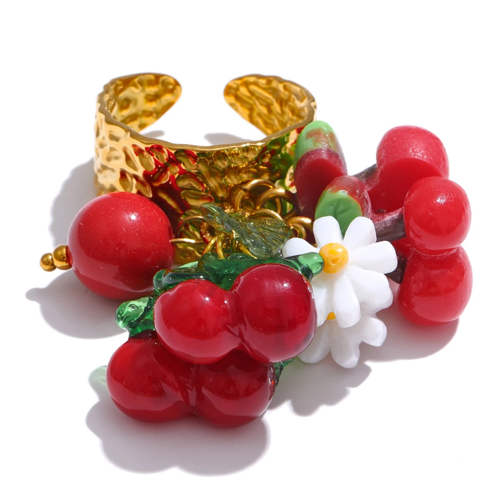 Exclusive Design Strawberry Cherry Chilli Shell Resin Drop Open Adjustable Ring 18K Golden Stainless Steel Charm Jewelry