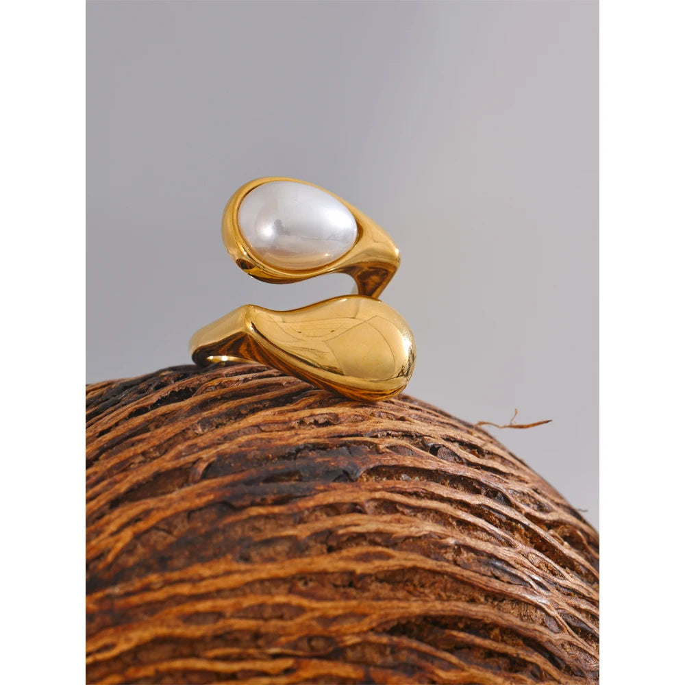 Fashion Imitation Pearl Water Drop Finger Adjustable Ring Women 316L Stainless Steel Elegant Gold Platinum Plated Jewelry