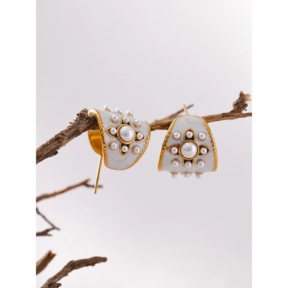 Exquisite Imitation Pearls White Enamel Metal Stainless Steel Flower Geometric Earrings Chic Daily Fashion Jewelry New