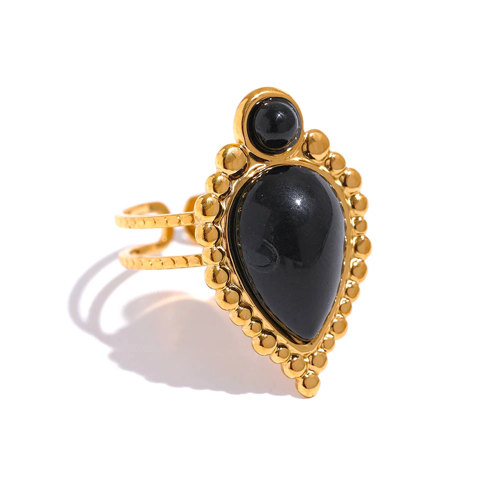 Vintage Natural Stone Artificial Agate Stainless Steel Metal Open Ring 18K Gold Plated Waterproof Fashion Jewelry Women