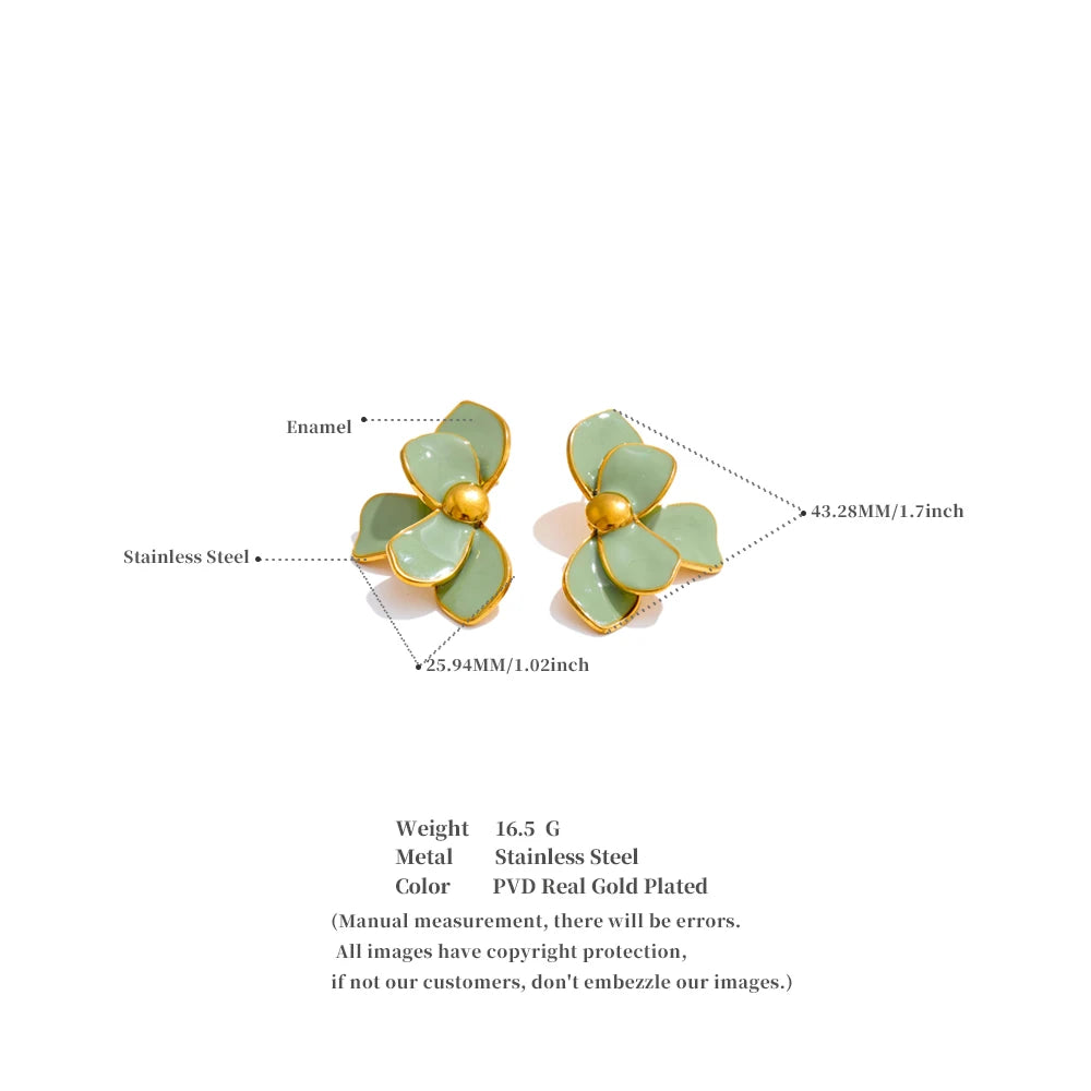 Green Pink Enamel Petal Flower Stud Earrings for Women Stainless Steel Exquisite Spring Summer Daily Trending Jewelry