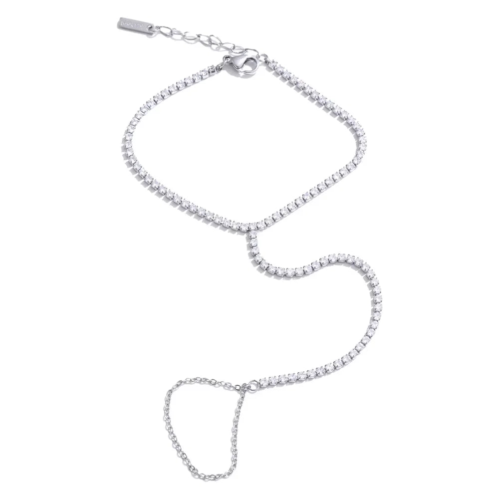 Trendy Stainless Steel Zircon Beads Back of Hand Chain Finger Bracelet Fashion Chic Sexy Jewelry Waterproof Wholesale Gift