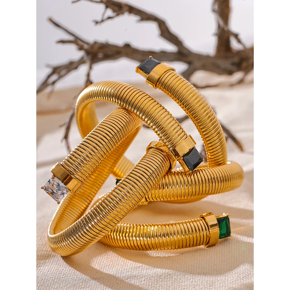 White Green Black Cubic Zirconia Stainless Steel Elastic Trend Metal Statement Bracelet Bangle High Quality Golden Jewelry