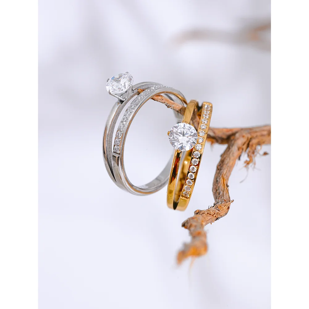 Delicate Shiny Cubic Zirconia Stainless Steel Double Layer Classic Ring High Quality Women Gift Exquisite Romantic Jewelry