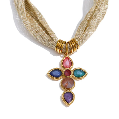 White Colorful Shiny Glass Cross Pendant Necklace for Women Stainless Steel Polyester Chain Exquisite Jewelry Gift