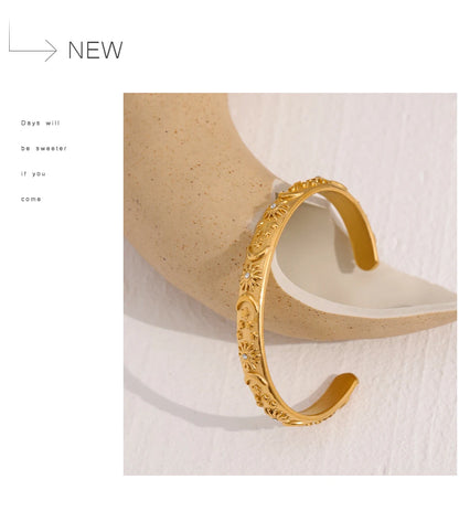 Golden Stainless Steel Moon Star Sun Bangle Bracelet  Stylish Metal Open Wrist браслеты на руку женкие Party Gift