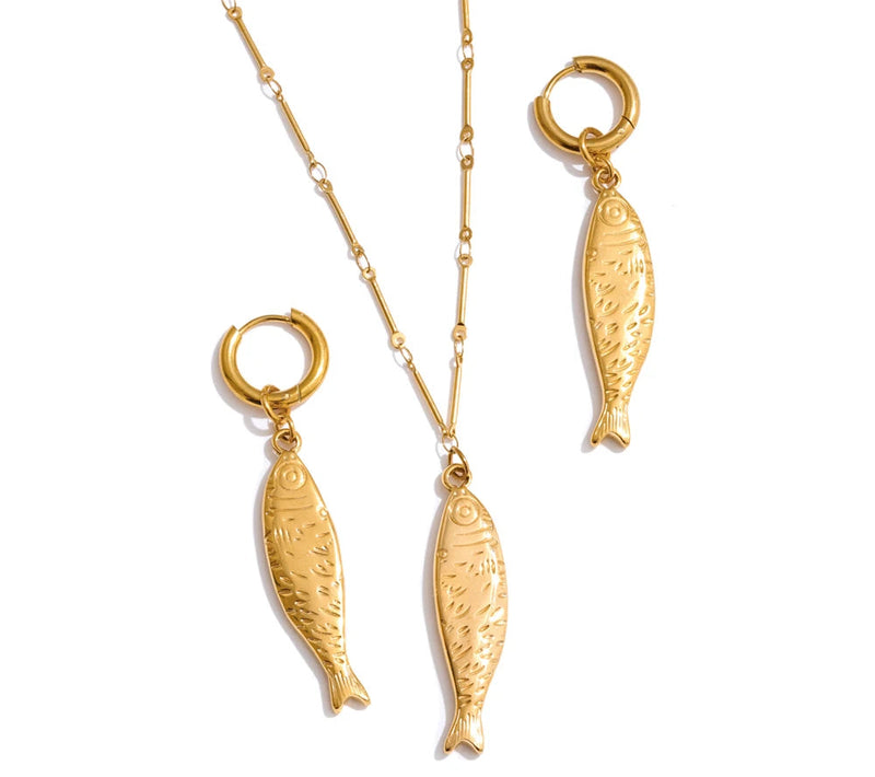 Wholesale Ocean Stainless Steel Metal Fish Pendant Necklace Earrings Rust Proof Golden PVD Plated Trendy Fashion Jewelry