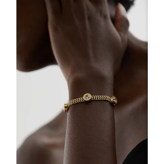 Colorful White Cubic Zircon Stainless Steel Charm Gold Color Cuban Chain CZ Bracelet Bangle Women Trendy Classic Jewelry