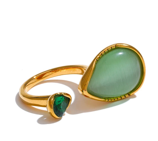 Arrival Green Natural Stone Zirconia Water Drop Geometric Golden Ring for Women Stainless Steel Stylish Jewelry Gift