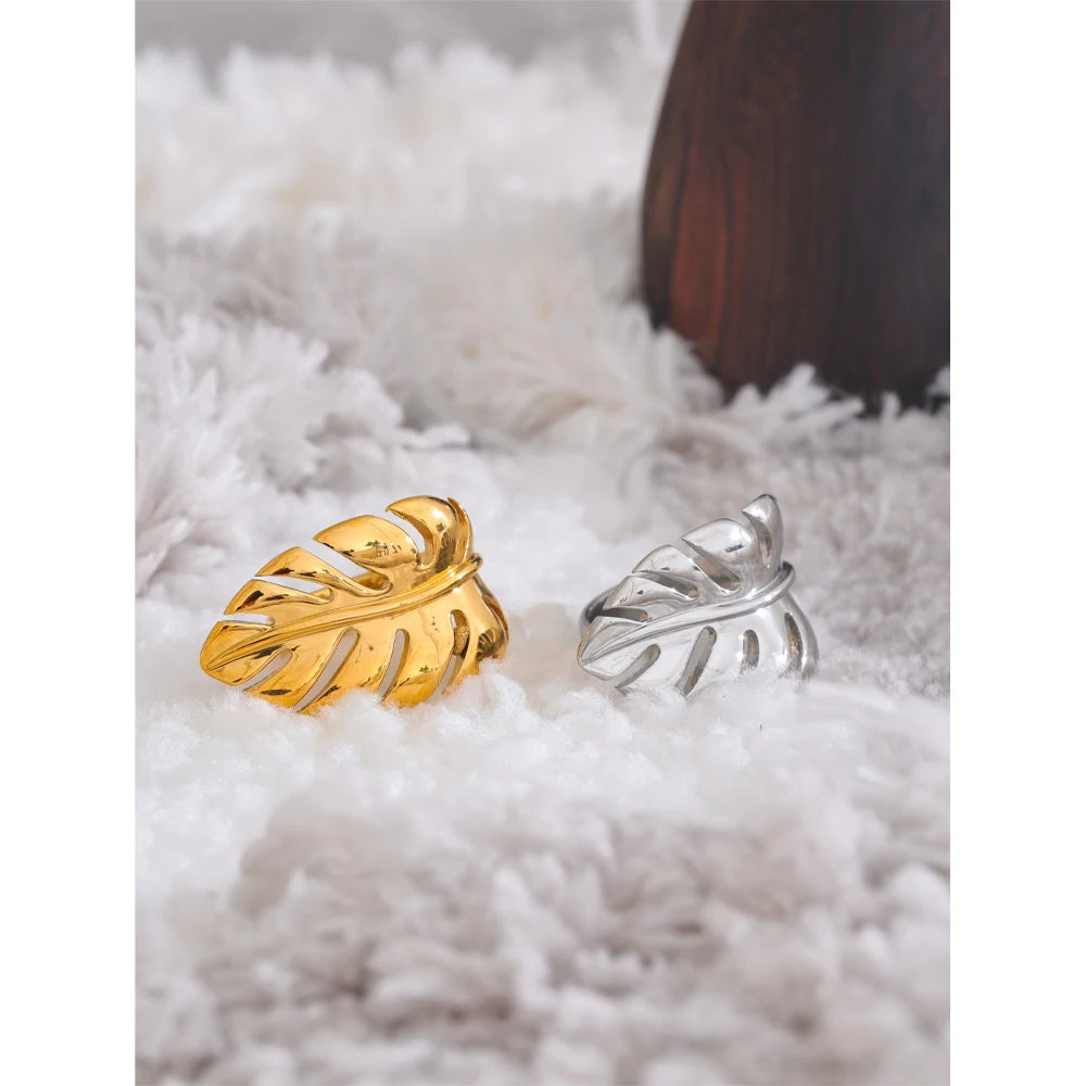 Stylish Design Stainless Steel Metal Leaf Leaves Open Ring Rust Proof Individualistic Fashion Jewelry Water Resistant Gift