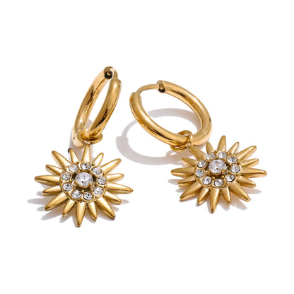 Exquisite Inlaid Zirconia Sun Drop Hoop Earrings for Women Stainless Steel Delicate Daily Jewelry Hypoallergenic