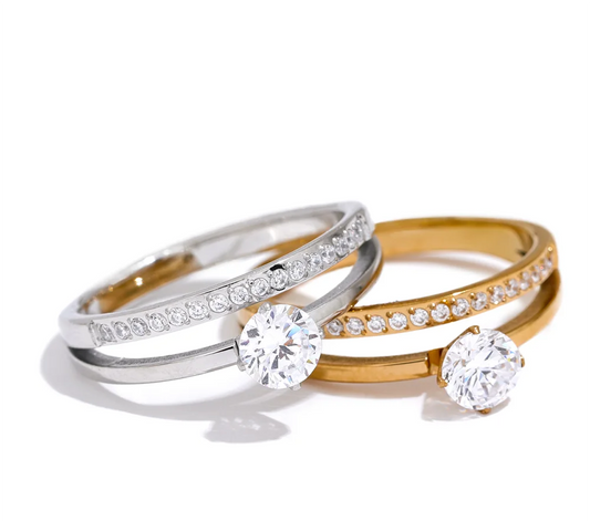 Delicate Shiny Cubic Zirconia Stainless Steel Double Layer Classic Ring High Quality Women Gift Exquisite Romantic Jewelry