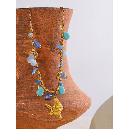 Ocean Style Handmade Jewelry Exquisite Blue Resin Metal Starfish Shell Drop Collar Necklace Stainless Steel Accessories