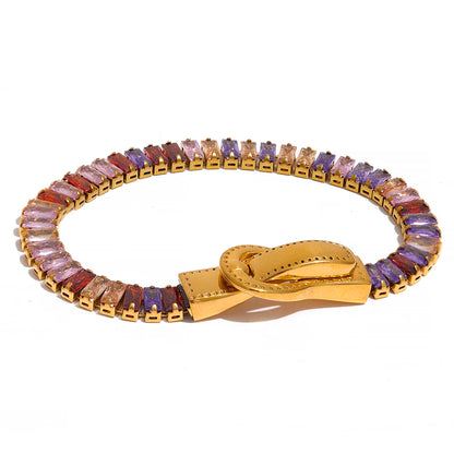 Luxury Colorful Cubic Zirconia Stainless Steel Belt Buckle Bracelet Bangle Bling Stylish Unique Waterproof Fashion Jewelry