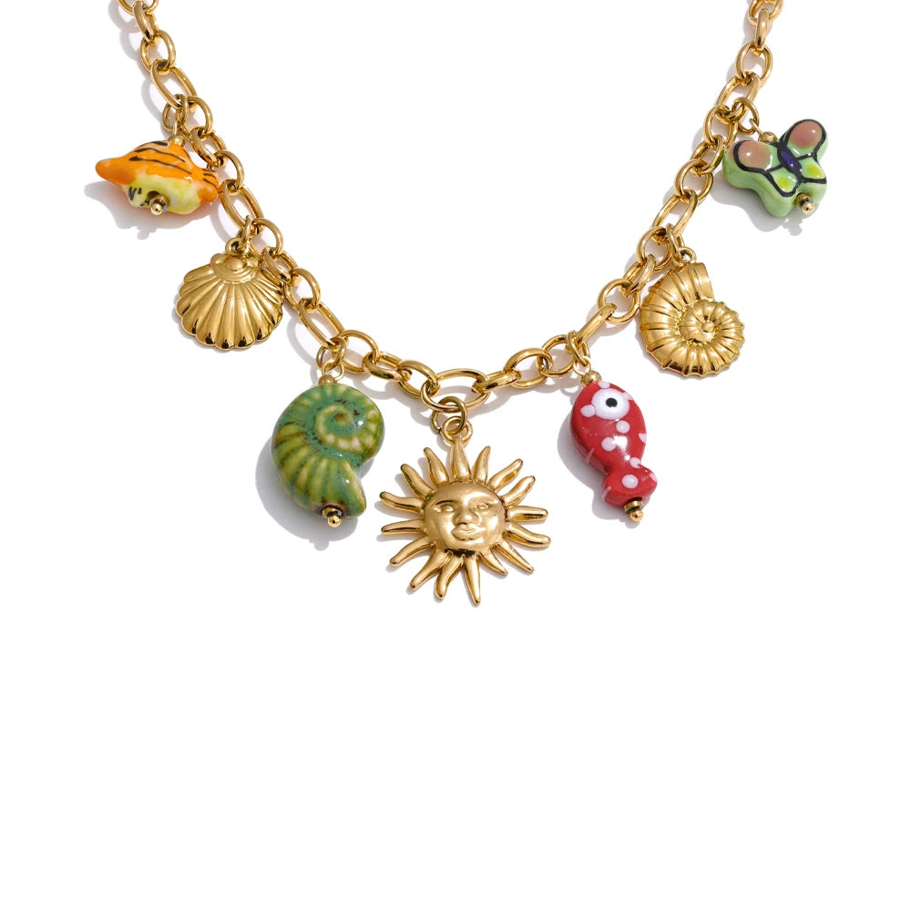 Ocean Style Ceramic Conch Fish Butterfly Sun Drop Y2K Handmade Necklace Women Stainless Steel Statement Trending Jewelry