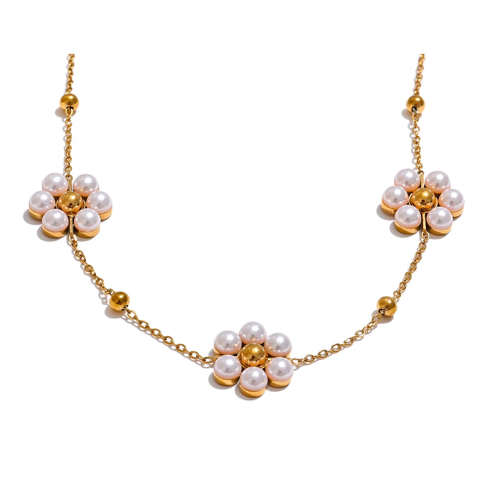 Fashion Imitation Pearls Handmade Flower Beads Chain Necklace Women 18K Gold Color PVD Stainless Steel Jewelry Waterproof