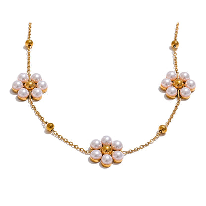 Fashion Imitation Pearls Handmade Flower Beads Chain Necklace Women 18K Gold Color PVD Stainless Steel Jewelry Waterproof