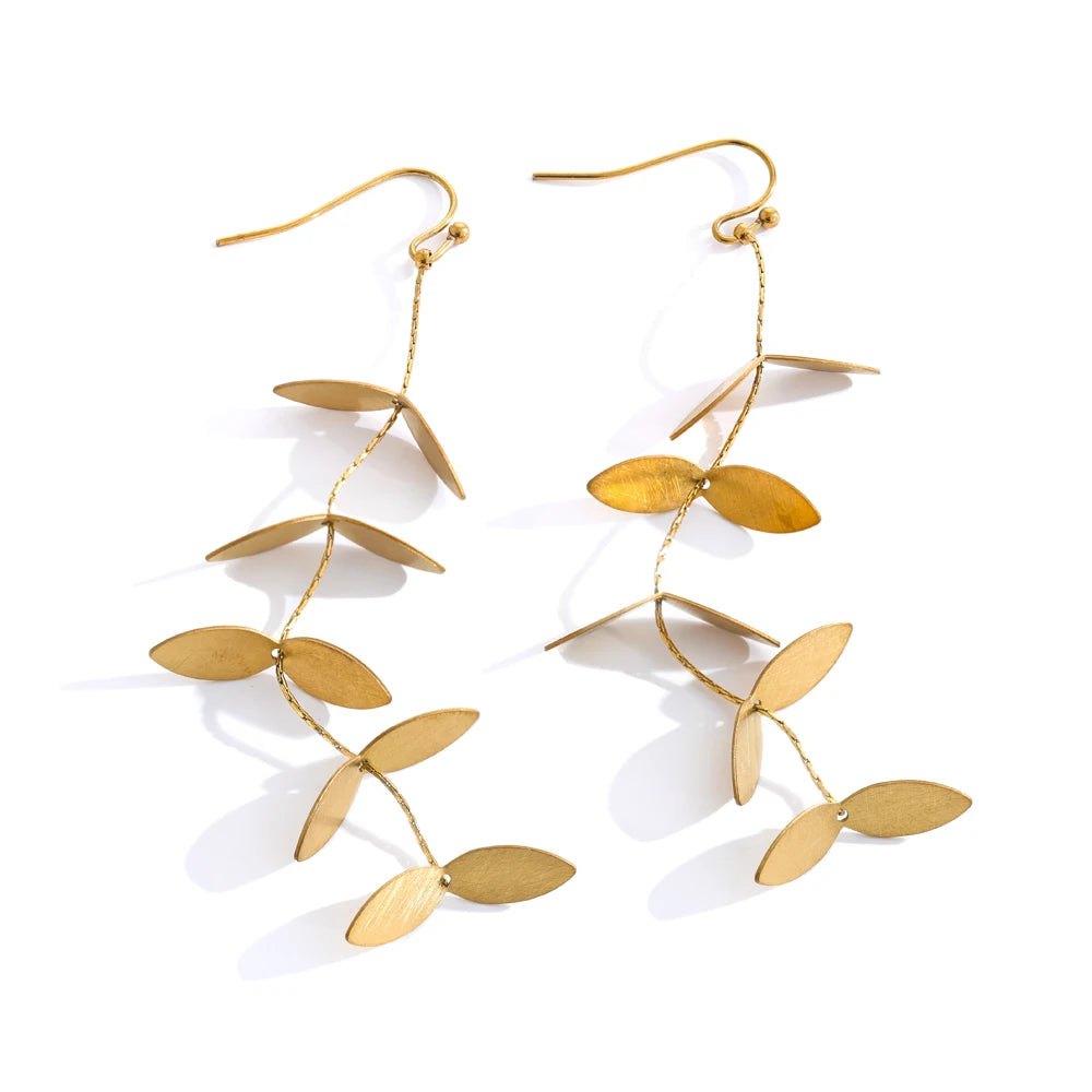Vintage Retro Old Stainless Steel Leaf Long Hanging Drop Earrings PVD Plated Prevent Allergy Metal Stylish  Jewelry France