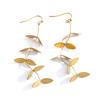 Vintage Retro Old Stainless Steel Leaf Long Hanging Drop Earrings PVD Plated Prevent Allergy Metal Stylish  Jewelry France